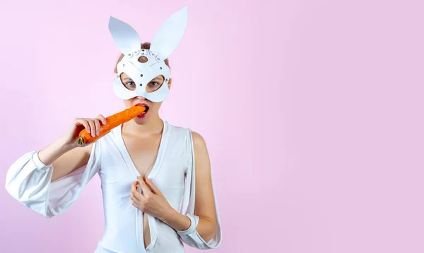 Cute bunny rabbit eat carrot. Easter carrot. Smile easter. Easter bunny dress. Easter banner, mockup copy space, poster flyer header for website template