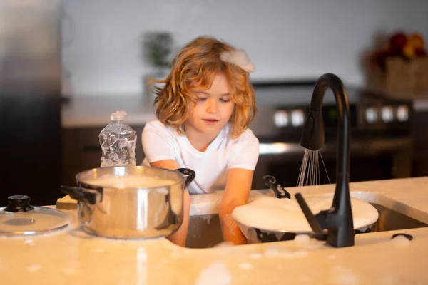 Child Boy Washing Dishes Kitchen Interior Cleaning Dishwashing Housework Child — Foto de Stock