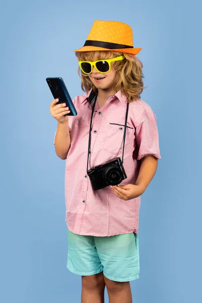 Kid Traveller Photo Cute Child Boy Using Mobile Phone Isolated — Stok fotoğraf