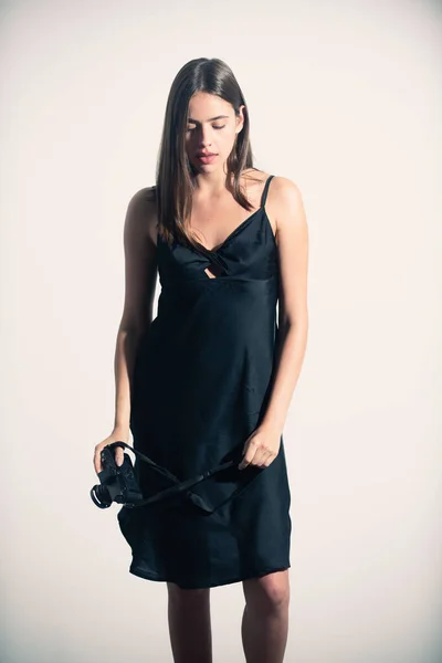 Fashion Look Sensual Young Woman Model Film Camera White Background — Stockfoto