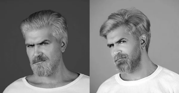 发式发型师 广告和理发店的概念 一套男人肖像 理发店 古董店的一组帅哥 — 图库照片