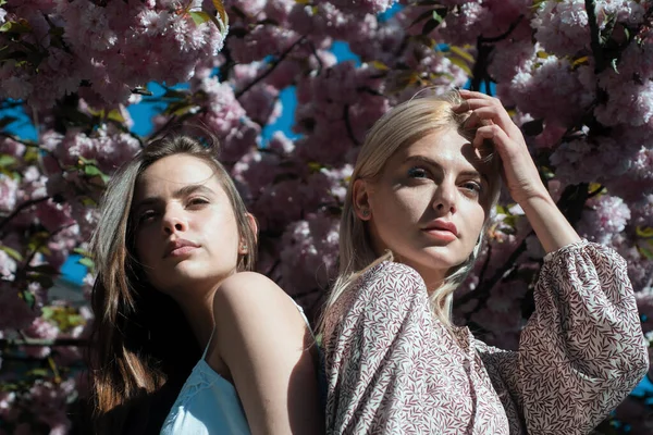 Moda Meninas Primavera Menina Bonita Flores Rosa Parque Flores Verão — Fotografia de Stock