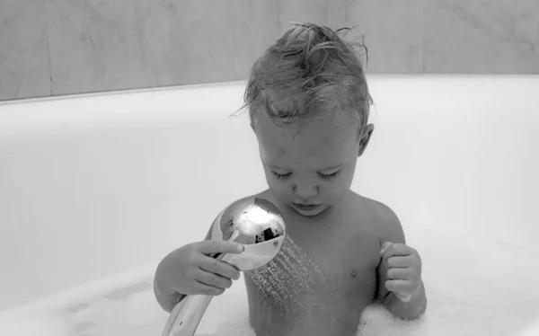 Happy Baby Having Bath Playing Toys Lovely Child Playing Foam — Stock Photo, Image