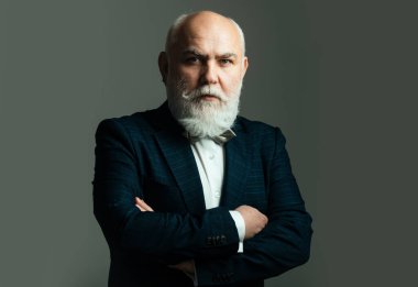 Kendinden emin iş adamı katlanmış silahlarla poz veriyor, kıdemli adam. Sakallı, orta yaşlı bir adamın portresi gri stüdyo arka planında fotokopi alanı olan bir adamın.