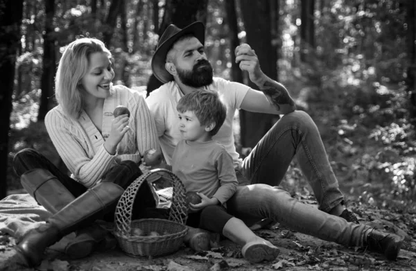 Щаслива Сім Дитиною Відпочиває Під Час Походу Ліс Кошик Пікніка — стокове фото