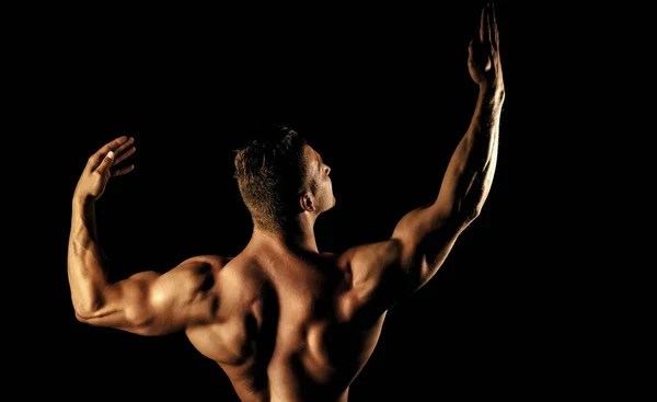 Bodybuilder Mann Mit Muskulösem Oberkörper Rücken Und Hände Banner Vorlagen — Stockfoto