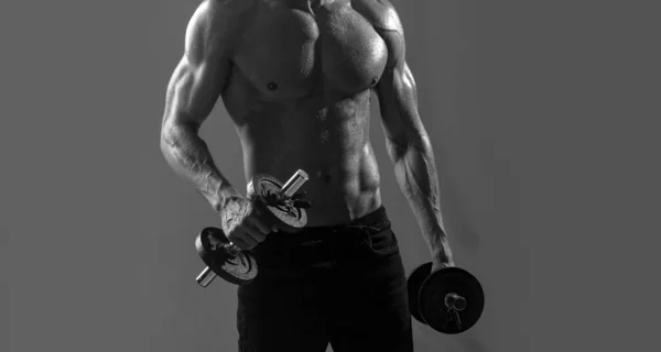 適任者 スポーティな胴 ダンベルの男 裸の胴を持つ若い筋肉質の男がジムで働いています 運動男子スポーツマン フィットネススポーツのコンセプト — ストック写真