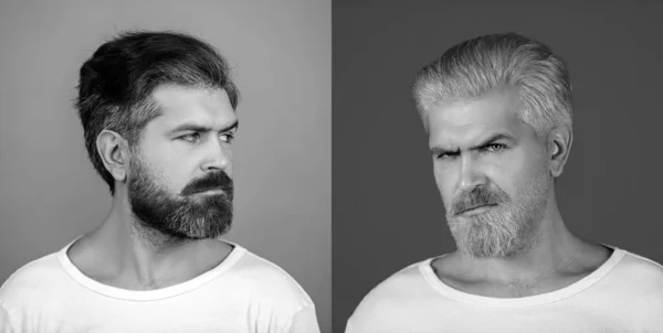 Set of two man for barbershop. Bearded man, bearded male. Bearded hipster man - set. Hair style hair stylist. Advertising and barber shop concept. Set of mans portrait.