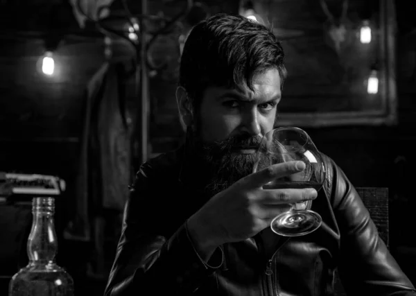 Man Beard Holds Glass Brandy Macho Drinking Degustation Tasting Handsome — Stock Photo, Image
