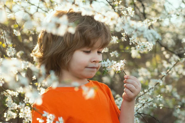 Cute spring boy in blooming park. Smiling kid outdoor. Blooming tree in garden