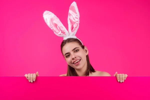 Close Photo Pretty Girl Wear Easter Fluffy Bunny Ears Hold — Photo