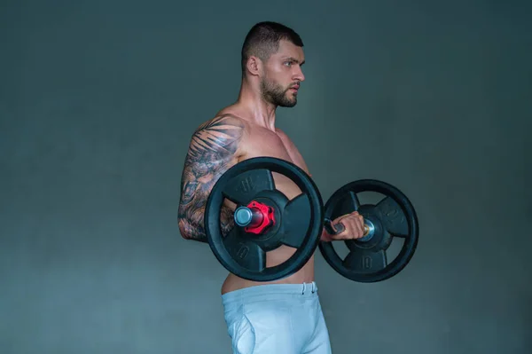 筋肉の男の重みを持ち上げる ジムでワークアウトを行う強力な男性フィットモデル 男はダンベルを持ち上げ 強い運動能力のある男はダンベルで練習する ウェイトリフティングワークアウト フィットネスワークアウト — ストック写真