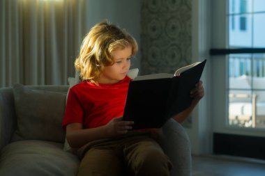 Kitabı olan bir okul çocuğu. Evde kitap okuyan bir çocuk. Küçük çocuk oturma odasında kanepede oturmuş masal kitabı okuyor. Çocuk ilkokul için ödev yapıyor.