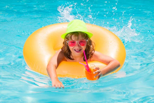 Child Drinking Coctail Pool Little Child Boy Swimming Pool Inflatable — Fotografia de Stock