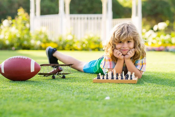 Dream Kids Childhood Concept Child Playing Chess Game Spring Backyard — Stock Photo, Image