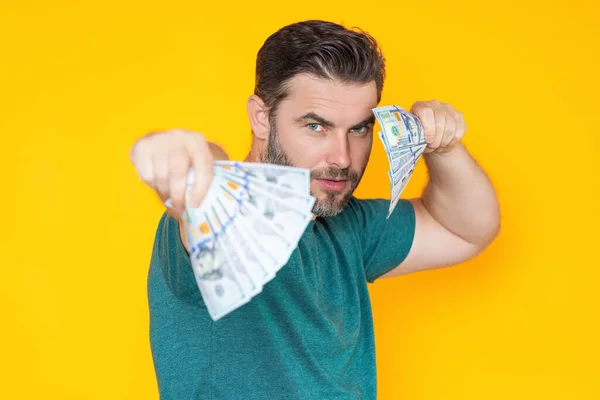 Деловой Человек Деньгами Банкнотах Мужчина Предприниматель Долларовыми Купюрами Счастливый Босс — стоковое фото
