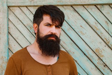Serious man looking at camera. Handsome hipster man with beard