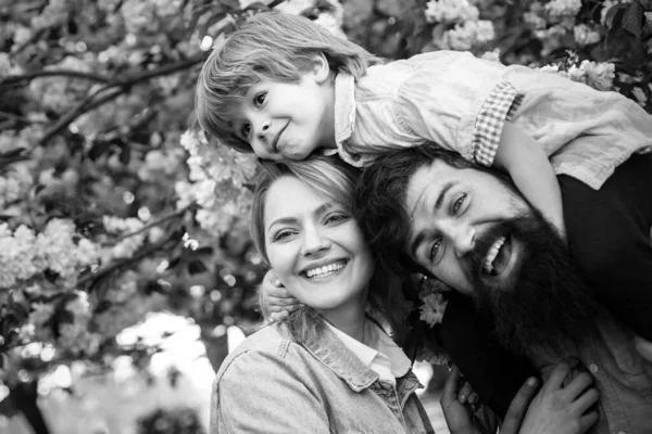 Otec Syn Objímají Jarním Parku Rodina Venku Šťastná Rodina — Stock fotografie