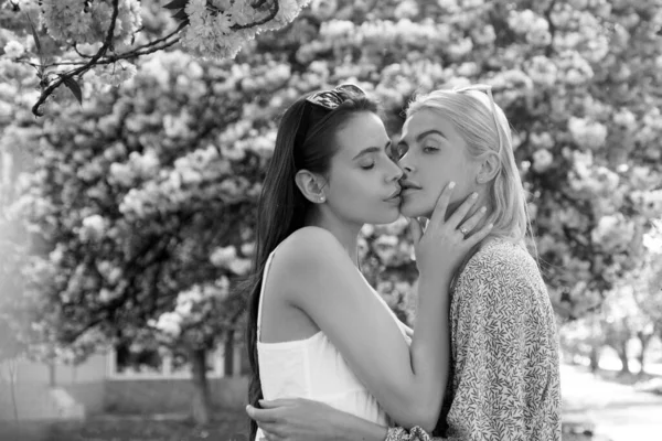 春姑娘们同性恋夫妇亲吻 美丽的春天性感的女孩与樱花 性感的吻 女朋友的爱情 — 图库照片
