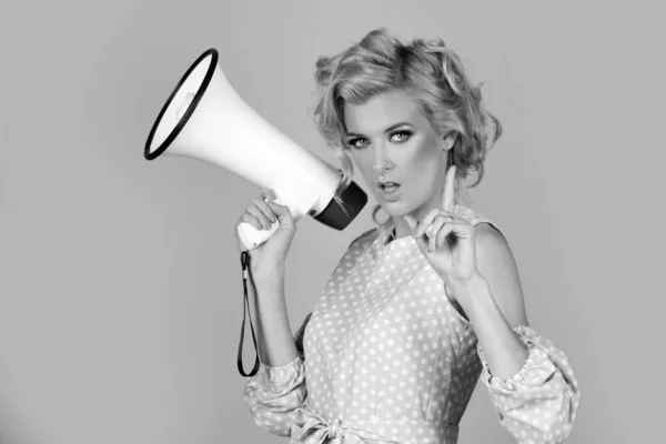 Portrait Gorgeous Young Blonde Beautiful Woman Holding Megaphone Shout Scream — Stock Photo, Image