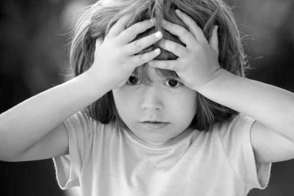 Kids emotions. Confused boy. Negative nervous breakdown