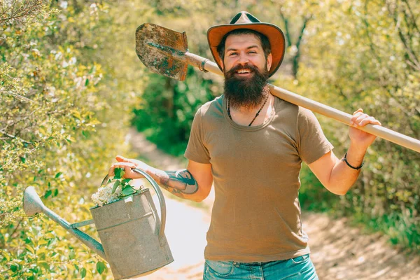 Funny Farmer Shovel Watering Can — Stok fotoğraf