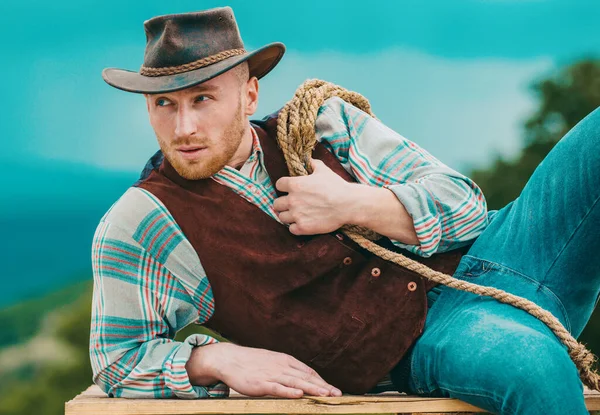 Sexy Masculine Stylish Cowboy Macho Man Holding Lasso Rope Western — Stock Photo, Image