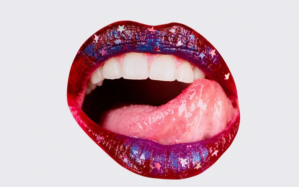 Vrouw Sexy Lip Make Geïsoleerd Witte Achtergrond Heldere Lippen Make — Stockfoto