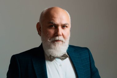 Olgun bir iş adamının portresi. Gri arkaplanda izole edilmiş gri saçlı, zarif, üst sınıf bir adamın yakın plan portresi.