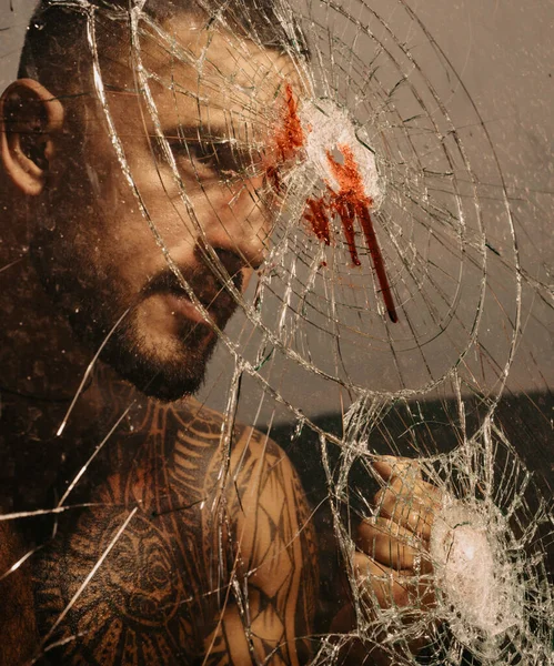 Strong Horny Man Breaking Window Glass Bloodstains Broken Crushed Glass — Stock Photo, Image