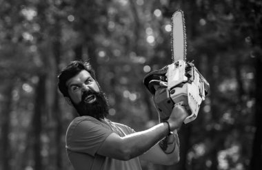 Yasadışı kütükleme bugün de devam ediyor. Ağaç kesiyorum. Elektrikli testere Oduncu konsepti