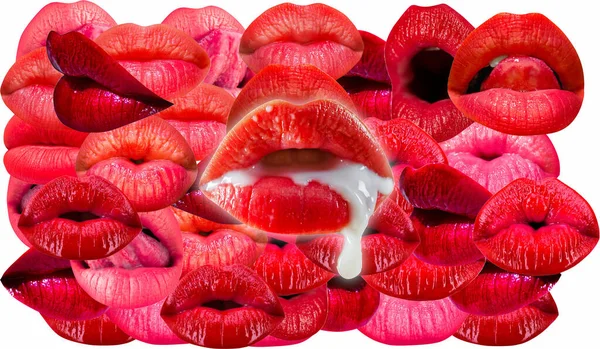 Melk Romige Mond Lippen Vrouwelijke Mond Textuur Patroon Rode Lip — Stockfoto