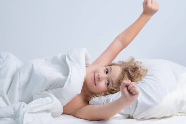 Kid Waking Stretching Raised Hands Morning Awakening Little Child Bed — Stock Photo, Image