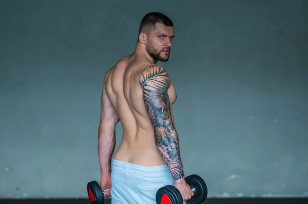 ジムでの筋肉の男のトレーニング 体育館で体重トレーニングを受けているアスリート ジムで強い筋肉のトレーニングを持つハンサムな男 ダンベルとセクシーな筋肉の男性の肖像画 ボディビルダーの練習 — ストック写真
