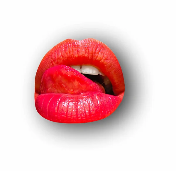 Сексуальний Язик Лиже Чуттєві Губи Губи Білому Ізольованому Фоні Відсічний — стокове фото