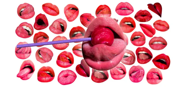 Lippen Und Mund Rote Lippe Hintergrund Lollypop Weiblichen Mund Lollypop — Stockfoto