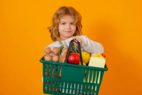Sale Discount Portrait Child Shopping Cart Full Fresh Vegetables Isolated — Stock Photo, Image