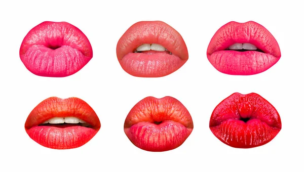 Set Van Vrouwelijke Lippen Witte Geïsoleerde Achtergrond Clipping Pad Kus — Stockfoto
