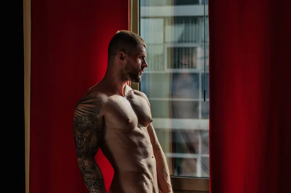 Man Naked Body Muscular Shoulders Naked Man Bed Muscular Sexy — Stok fotoğraf
