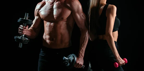Sporty Sexy Couple Dumbbells Black Studio Background Muscular Sexy Couple — Foto Stock