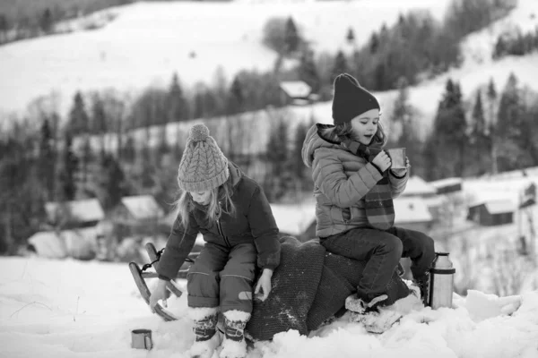 Amigos Niños Acampando Invierno Viajes Recreativos Aire Libre Concepto Actividad — Foto de Stock
