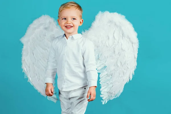 Small Cute Baby Boy Blonde Long White Angel Wings — Stock Photo, Image