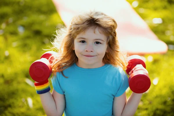 Fitness Child Boy Raising Dumbbell Cute Child Training Dumbbells Children — Stock Photo, Image