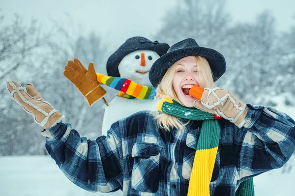 Snowman Funny Carrot Nose Fun Girl Fashion Portrait Young Model — Stock Photo, Image