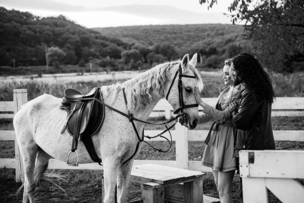 Paar Das Mit Pferd Auf Dem Land Geht Liebesgeschichte Eines — Stockfoto