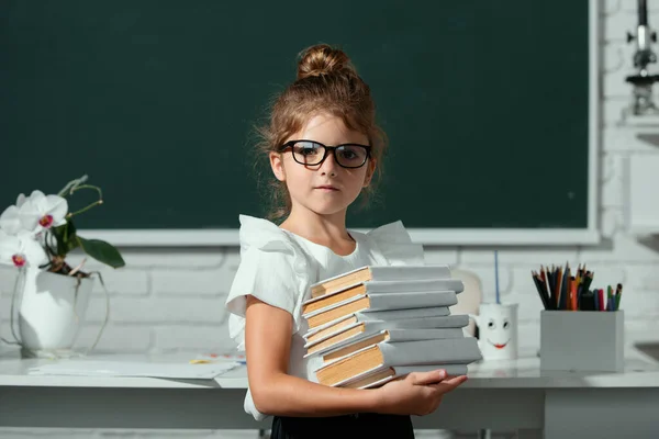 Nerd School Girl Glasses Books Blackboard School Child Glasses Hold — Stock Fotó