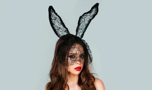 Påskkaninflicka Sensuell Förförisk Dam Sexig Mode Porträtt Kvinna Kanin Mask — Stockfoto