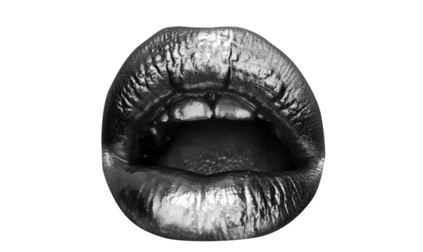 Mouth Icon Golden Lipstick Closeup Lips Metal Makeup Sexy Lips — Stock Photo, Image