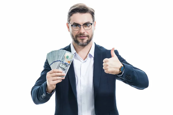Człowiek Pieniędzmi Banknoty Dolarowe Portret Biznesmena Trzymającego Banknoty Banknoty Kredyty — Zdjęcie stockowe