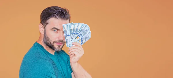 Homem Com Dinheiro Dinheiro Notas 100 Dólares Retrato Homem Com — Fotografia de Stock